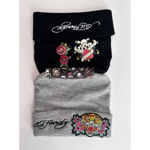 Ed Hardy Beanie Cap Hats Love Kills Slowly Skull Tiger Set of  2 Black Gray NWT - Picture 1 of 6